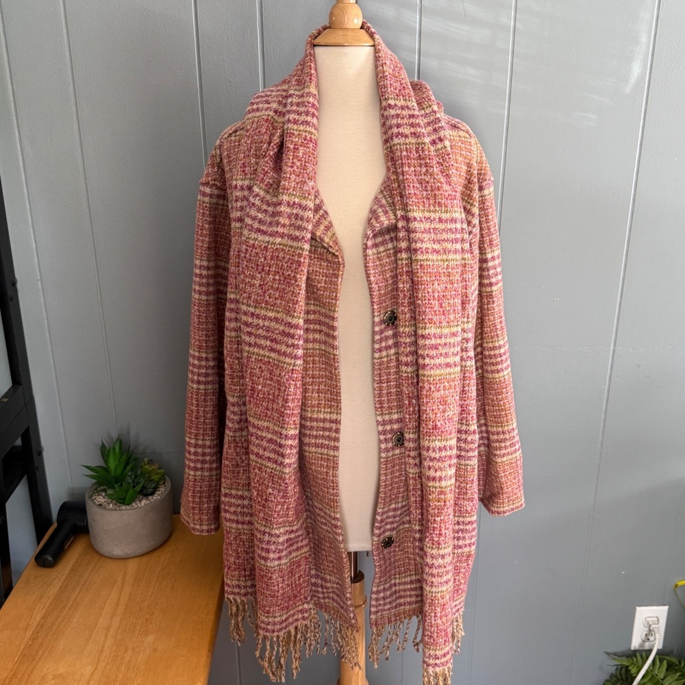 Democracy Womens Large Raspberry Multi Plaid Tubular Fringe Coat Attached Scarf - Picture 11 of 15